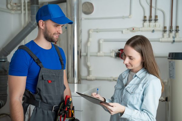 A female client signs a bill from a male plumber standing in the boiler room.