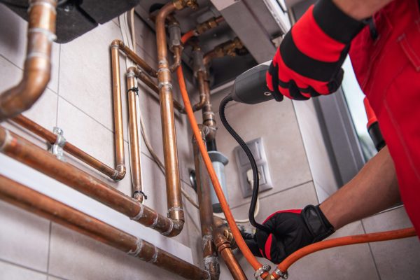 HVAC Worker with Natural Gas Detector Looking For a Leak. Residential Heating System Scheduled Maintenance.